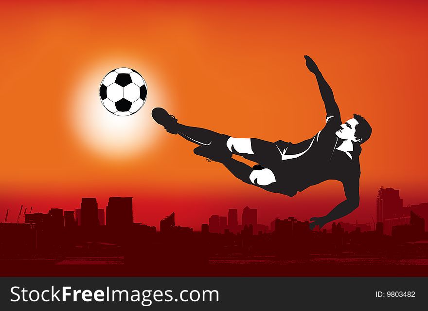 Grunge style football illustration of flying kick above city