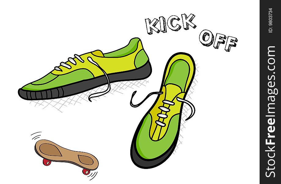 Green trainers with skateboard and text. Vector