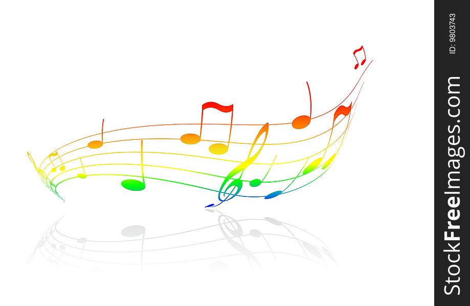 Illustration with music. Colorful notes with reflection. Vector