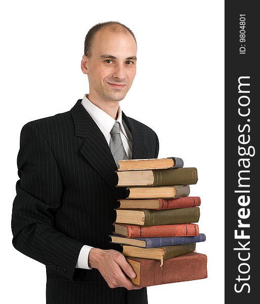 Man with books on white background