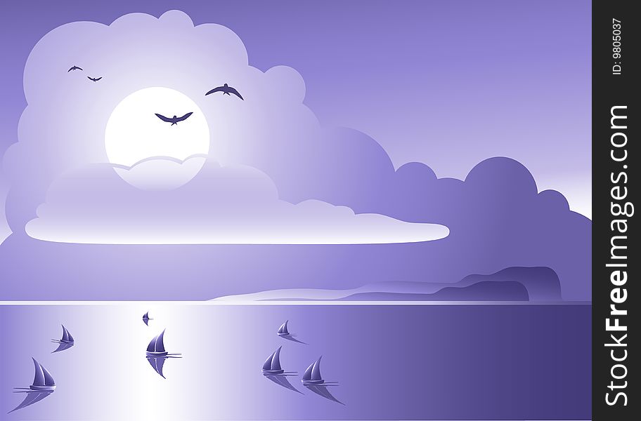 Sailing ships on open ocean with cloudy sky and birds making a romantic scenery. Sailing ships on open ocean with cloudy sky and birds making a romantic scenery