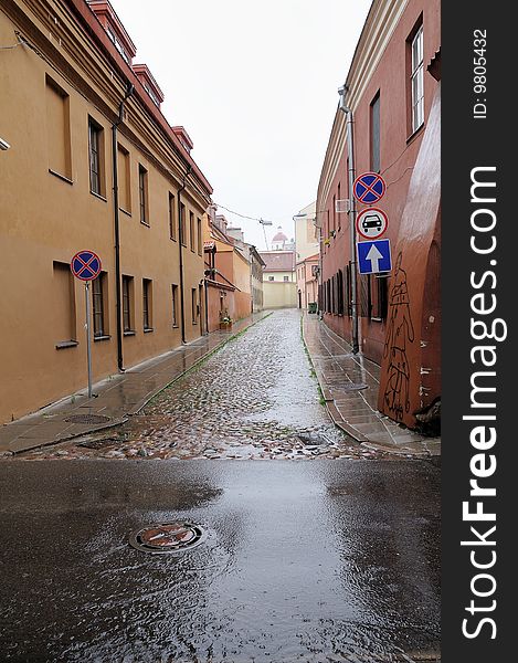 Vilnius old town in rainy day