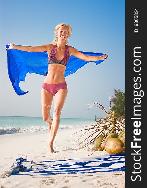 Girl Relaxing On Ocean Tropical  Beach