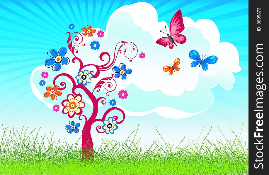 Joyful spring/summer background with flowertree and butterfly