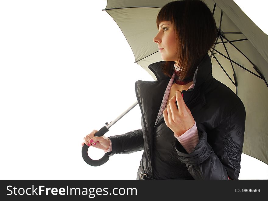 Young woman in coat under umbrella isolated on white