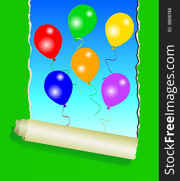 Six colourful party balloons under green ripped wall paper