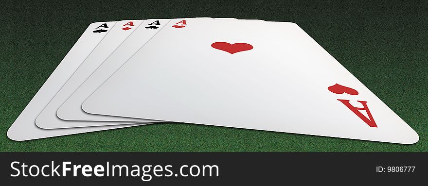 Panoramic illustration from below of a poker of aces, isolated on green table background. Panoramic illustration from below of a poker of aces, isolated on green table background.