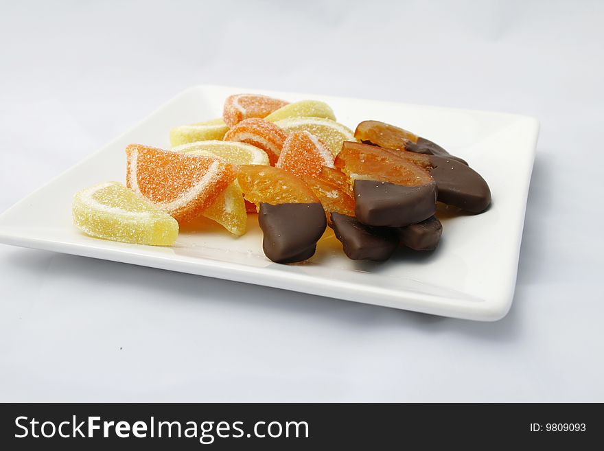 Mixed sweets with chocolate and jelly from fruits