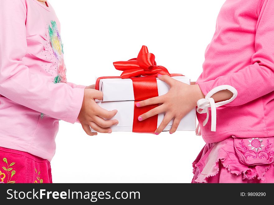 Little girls holding gift boxes