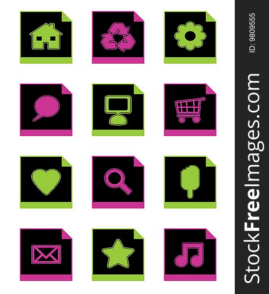 Collection of black application icons, with green and pink, isolated on white. Collection of black application icons, with green and pink, isolated on white
