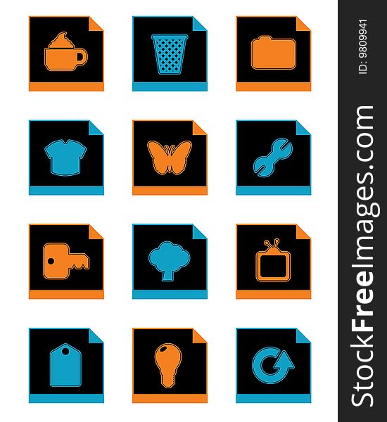 Collection of black application icons, with orange and blue, isolated on white. Collection of black application icons, with orange and blue, isolated on white