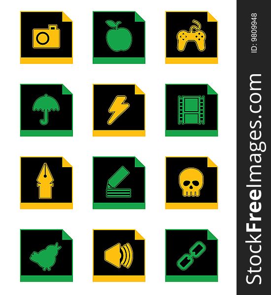 Collection of black application icons, with green and yellow, isolated on white. Collection of black application icons, with green and yellow, isolated on white