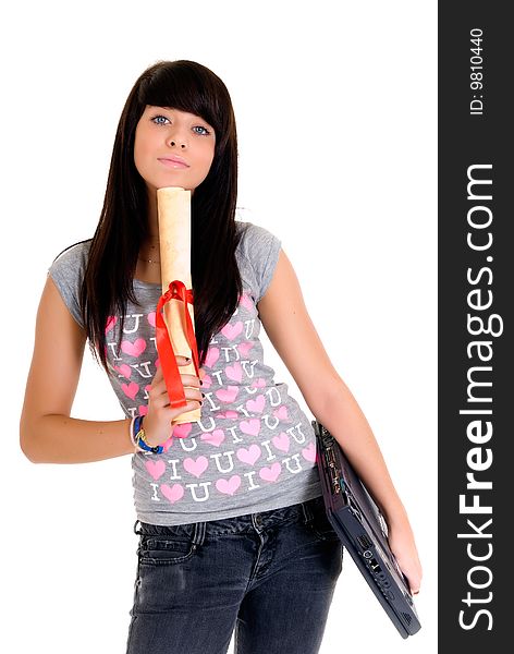 Teenager schoolgirl happy with her graduation on white background