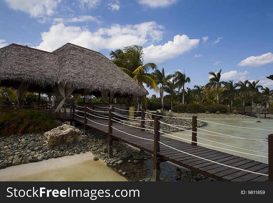 Resort hotel in cuba near the sea over blue sky