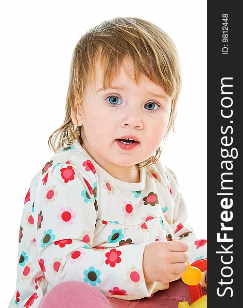 Portrait of little girl with spoon toy on white background. Portrait of little girl with spoon toy on white background