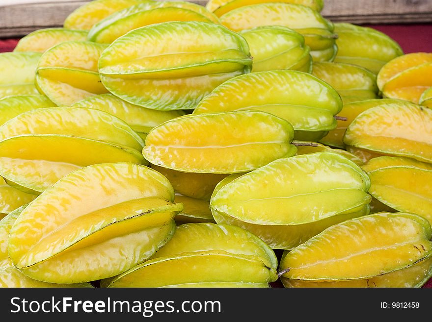 Star Fruit on sale at the market. This is a tropical fruit. These were grown in Taiwan, Asia.