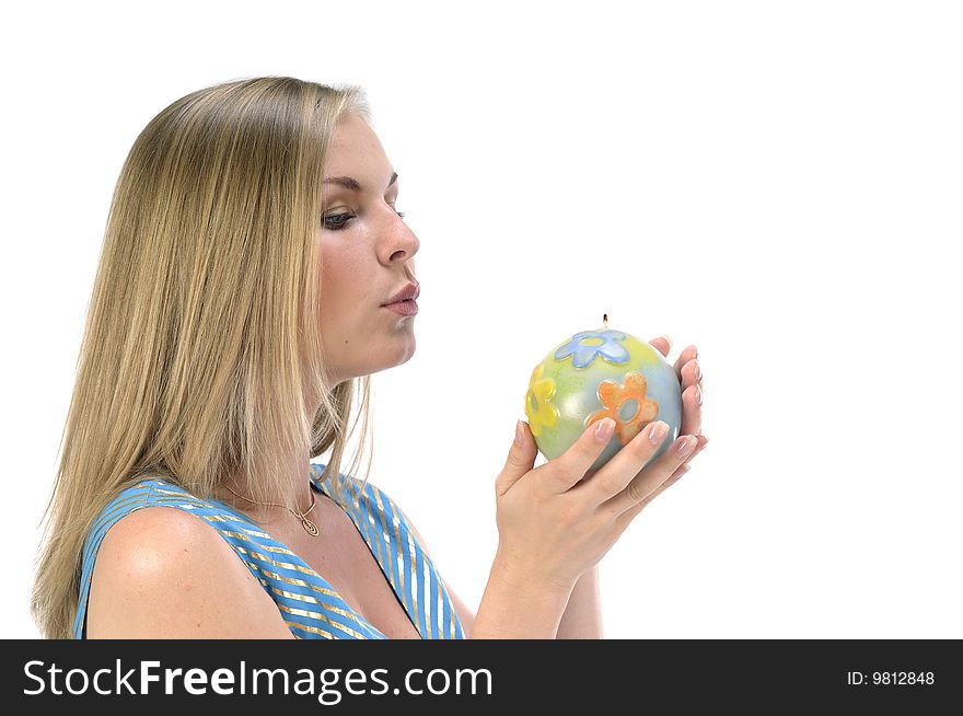 Young pretty girl with candle isolated on white. Young pretty girl with candle isolated on white