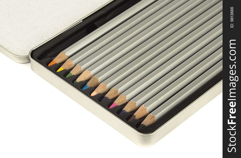 Colored Pencils In Metal Box