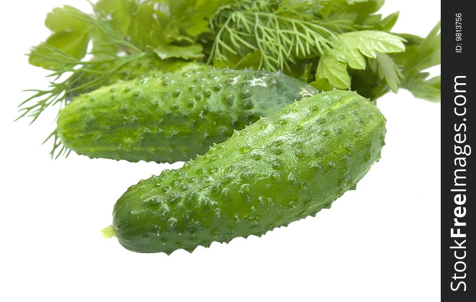 Green cucumber vegetable fruits with leafs isolated on white background