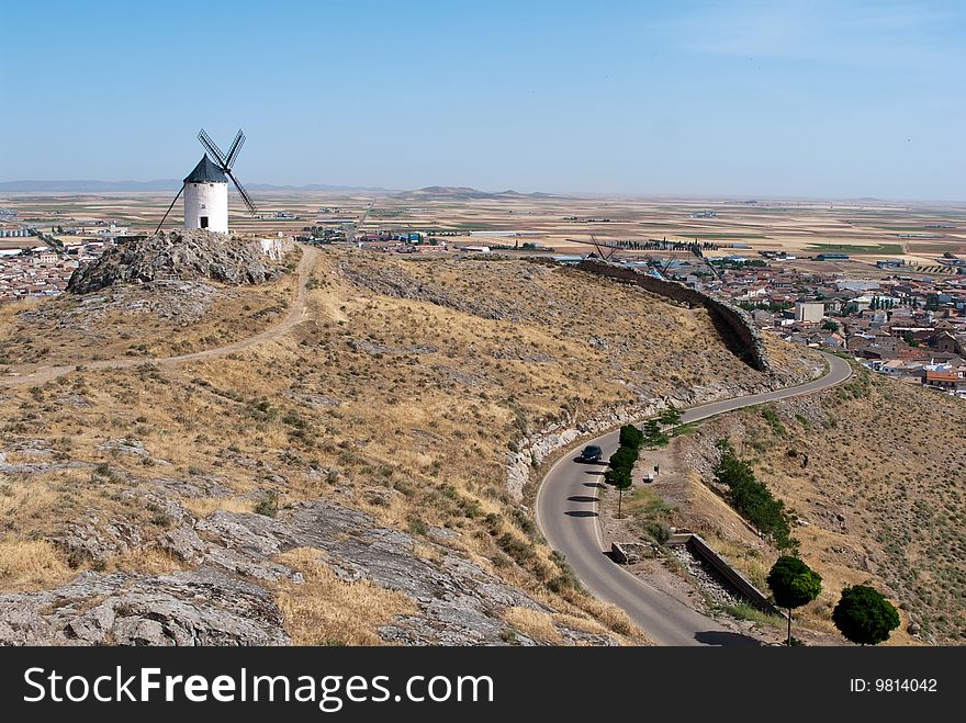 Photo of a Windmill at Consuegra, a historic town in Castilla-La-Mancha, Spain.