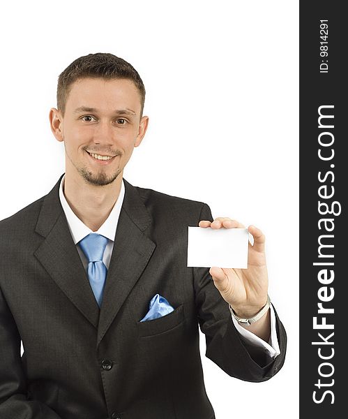Businessman with white card on left hand