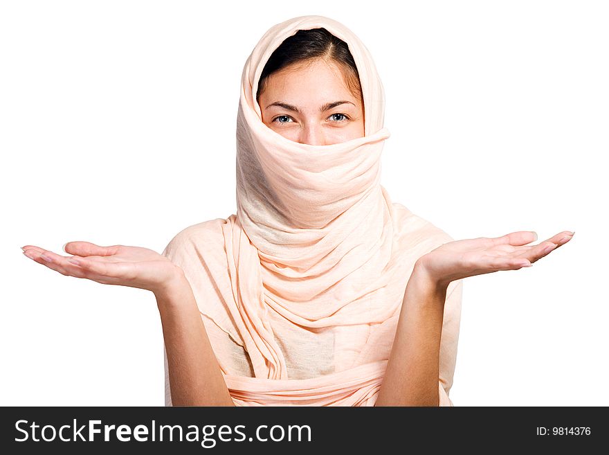 Arabian girl in peach color shawl with hands gesture isolated with clipping path on white background