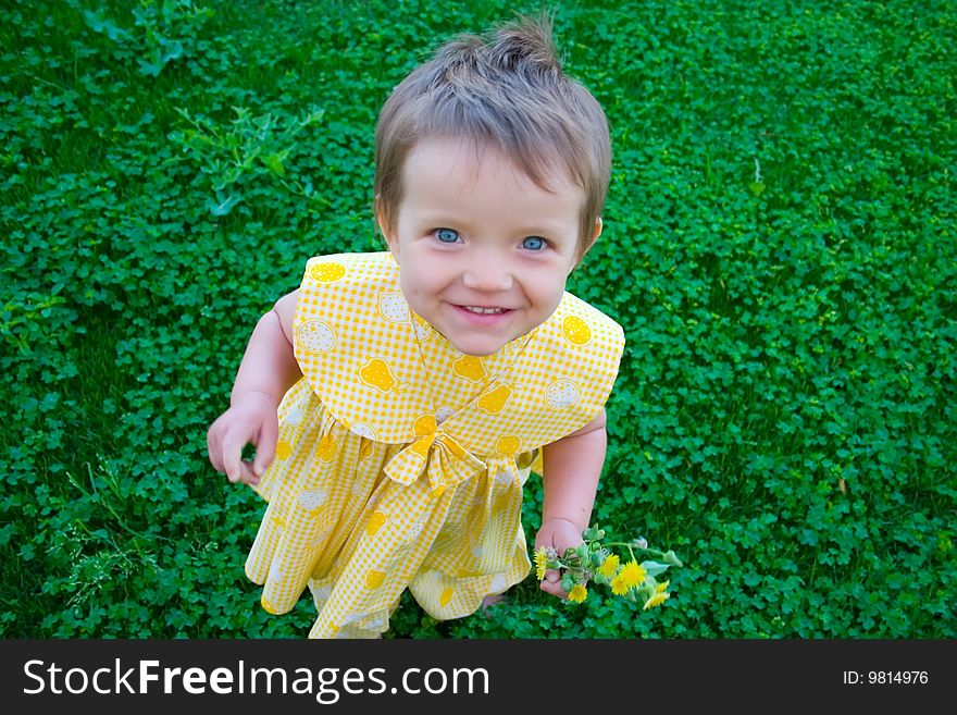 Portrait of smiling little girl with flowers on grass background. Portrait of smiling little girl with flowers on grass background