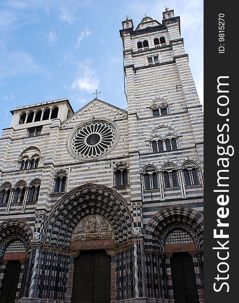 The facade of XV century Genoa cathedral (Italy).