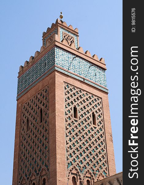 Closeup of tower of Mosque in Marrakech