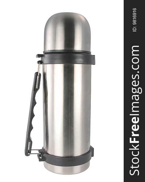 Road thermos with the handle on a white background