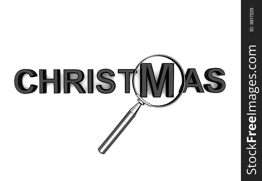 Three dimensional christmas text with magnifying glass