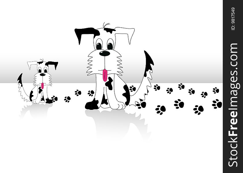 Illustration of Big mix black and white dog and his puppy