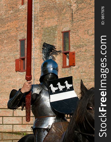 A helmet knight on a horse. A helmet knight on a horse