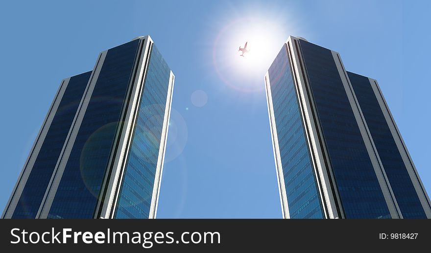 Towers , business jet and sun rays. Towers , business jet and sun rays