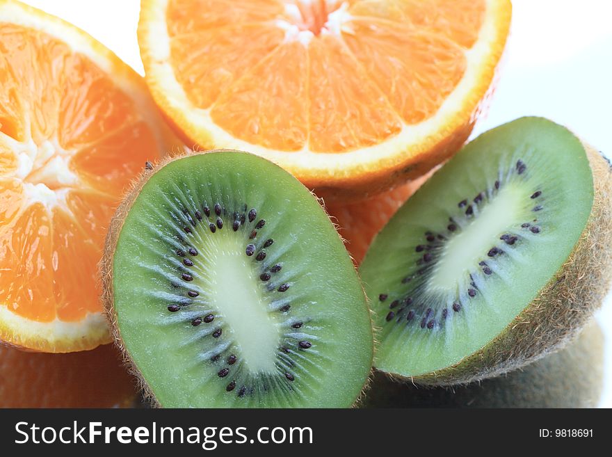 Close-up of sliced orange and kiwi fruit. Close-up of sliced orange and kiwi fruit