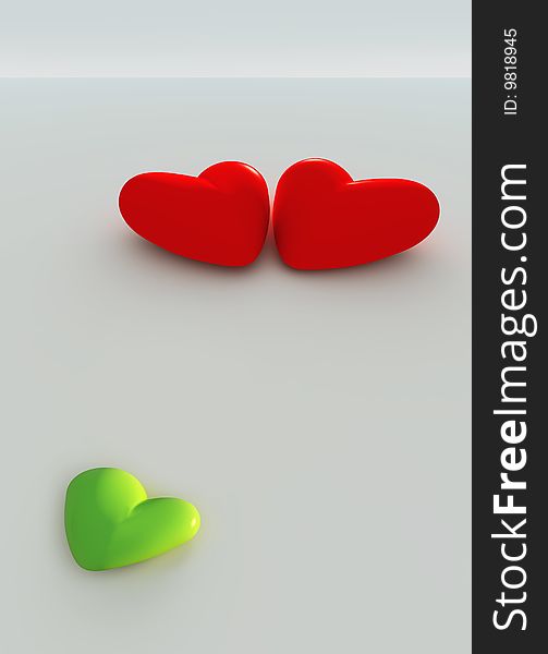 Two red hearts and one little green heart. Two red hearts and one little green heart.