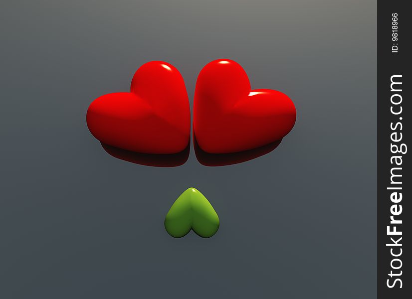 Two big red hearts and one little green heart. Two big red hearts and one little green heart.