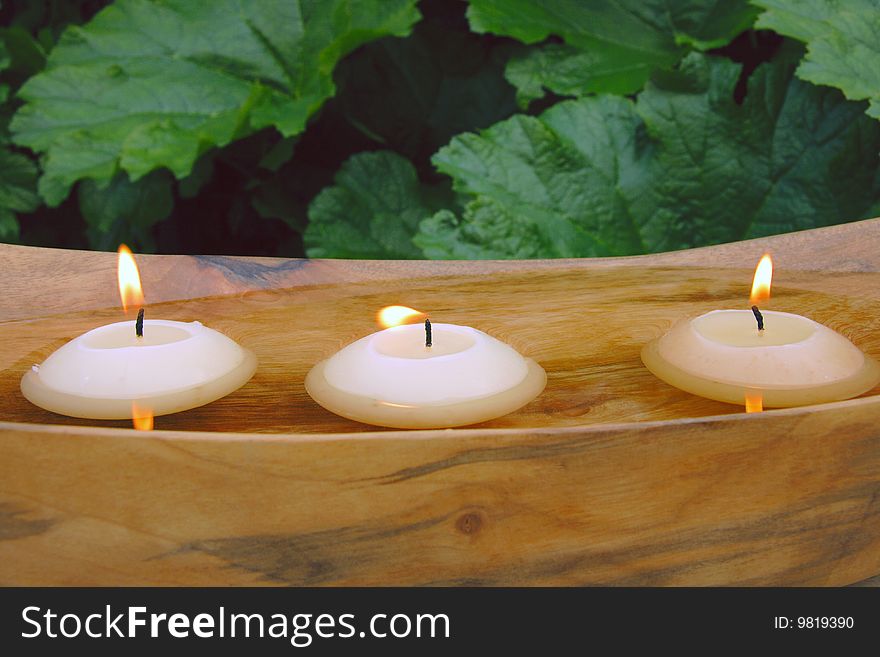 Flaoting candels in a wooden bowl, background exotic leaves. Flaoting candels in a wooden bowl, background exotic leaves