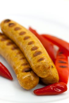 Fresh Grilled Sausages With Red Bell Pepper Royalty Free Stock Images Fresh Grilled Sausages With Red Bell Pepper Royalty Free Stock Images