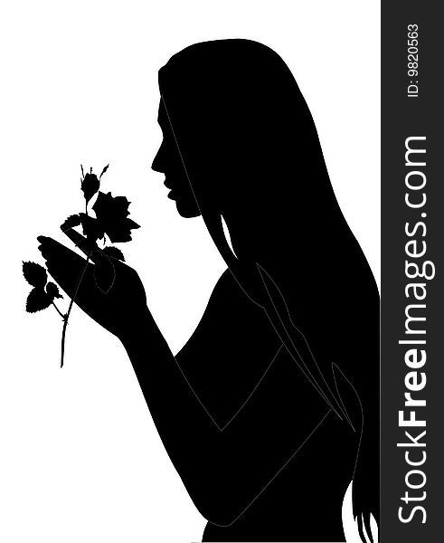 We have a silhouette of the young girl with a rose. We have a silhouette of the young girl with a rose