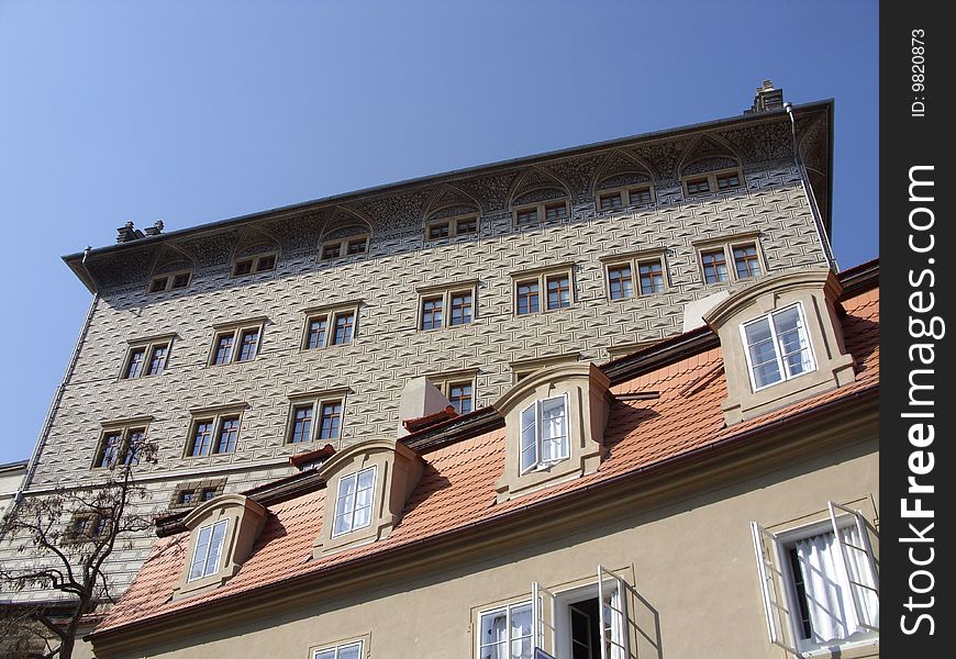 Detail of two houses with dormers