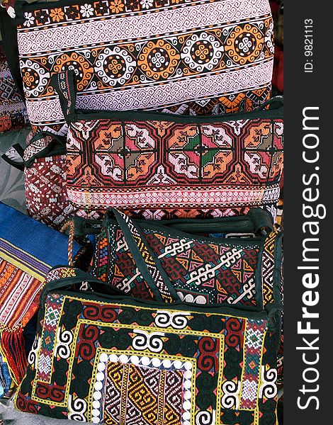 Handmade decorative bags with traditional ornament. Turkmenistan. Ashkhabad market.