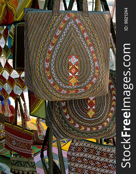 Handmade decorative bags with traditional ornament. Turkmenistan. Ashkhabad market.
