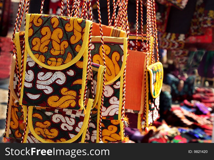 Handmade purse with traditional ornament. Turkmenistan. Ashkhabad market.