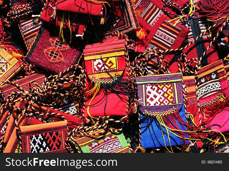 Handmade purse  with traditional ornament. Turkmenistan. Ashkhabad market.