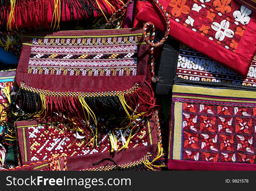 Handmade decorative bags with traditional ornament. Turkmenistan. Ashkhabad market.