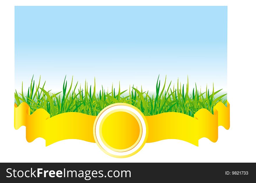 Beautiful green grass vector background with yellow ribbon