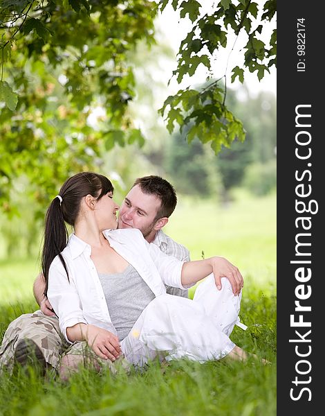 Happy couple together sitting on grass. Happy couple together sitting on grass