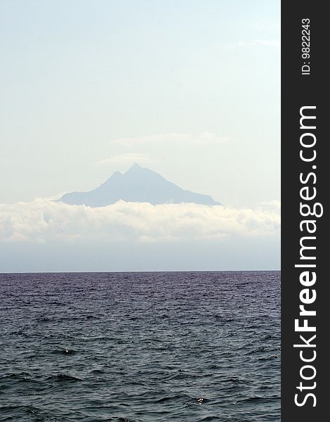 Sea view scene,and in the background the athos mountain.