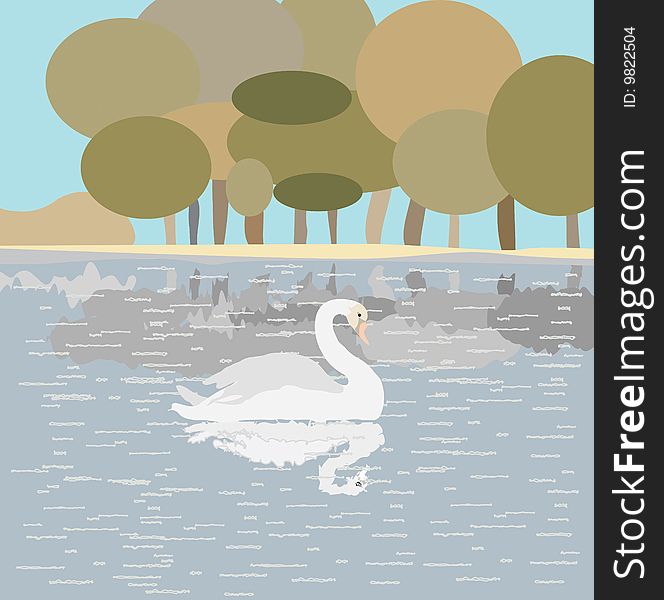 Illustration with white swan on a lake.